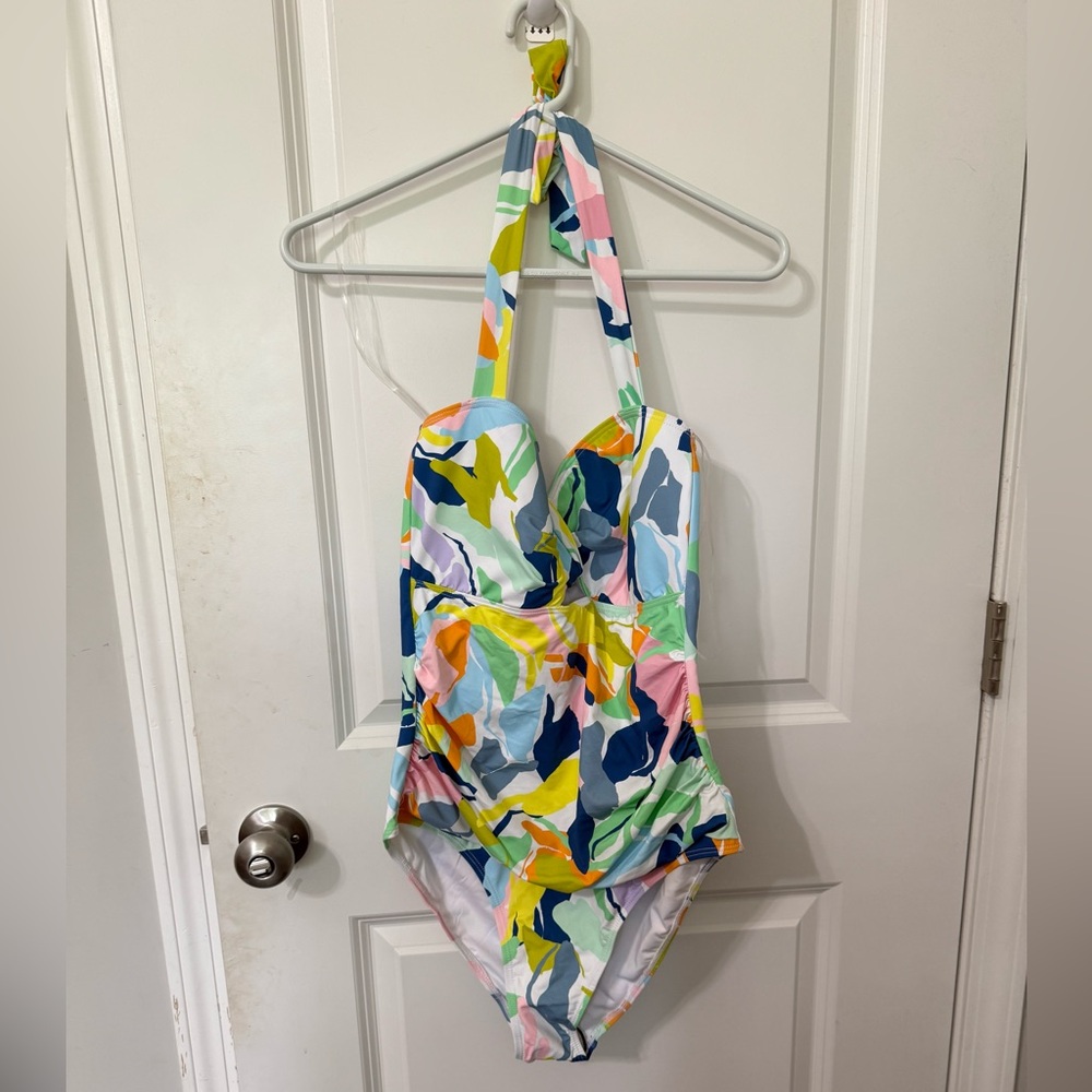 BCBG MAXAZRIA halter one‎ piece multi color floral tummy control swimsuit large